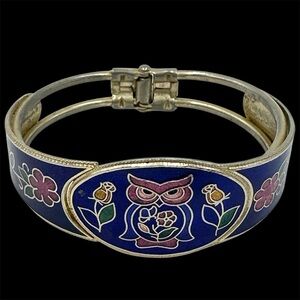 Vintage Cloisonné Enamel Owl Hinged Bangle Bracelet